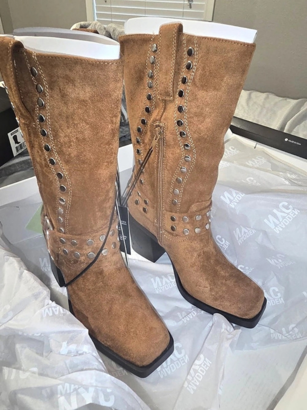 Steve Madden Studded Block Heel Boots in Brown